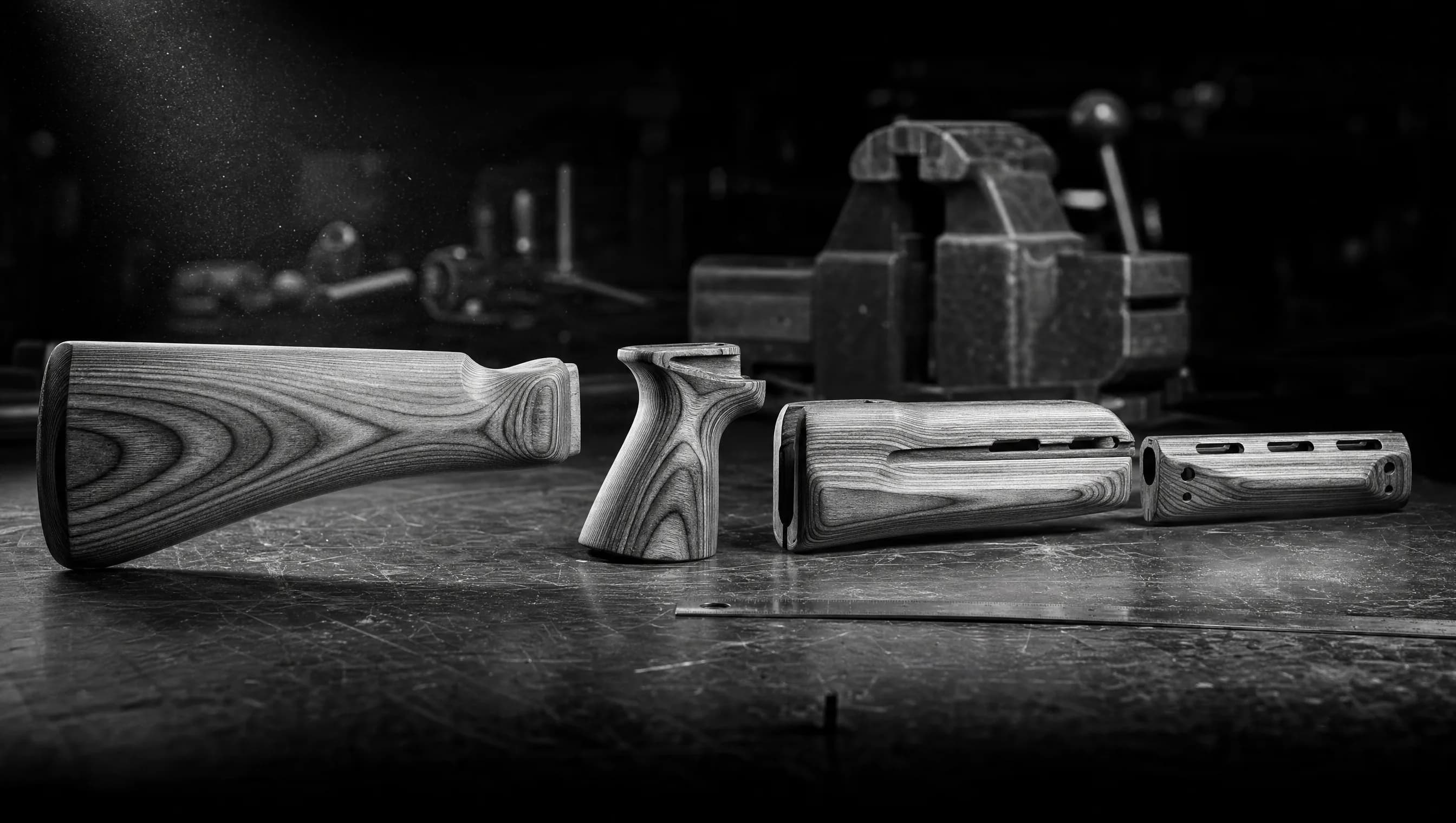 A matched four-piece set of laminated hardwood rifle furniture laid out on a scratched steel workbench under a single raking light