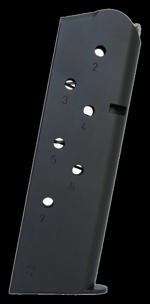 Black single-stack 1911 pattern pistol magazine, 7 round, .45 ACP, with witness holes