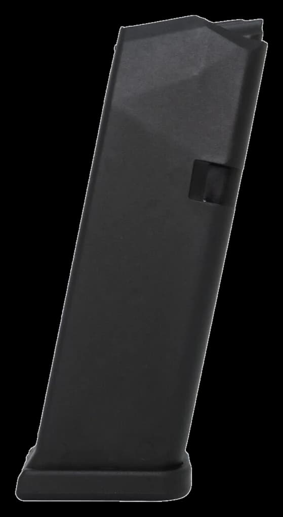 Black polymer Glock pattern pistol magazine, 15 round, 9×19mm