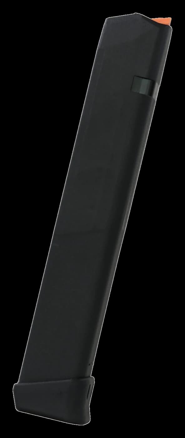 Extended black Glock pattern pistol magazine, 33 round, 9×19mm