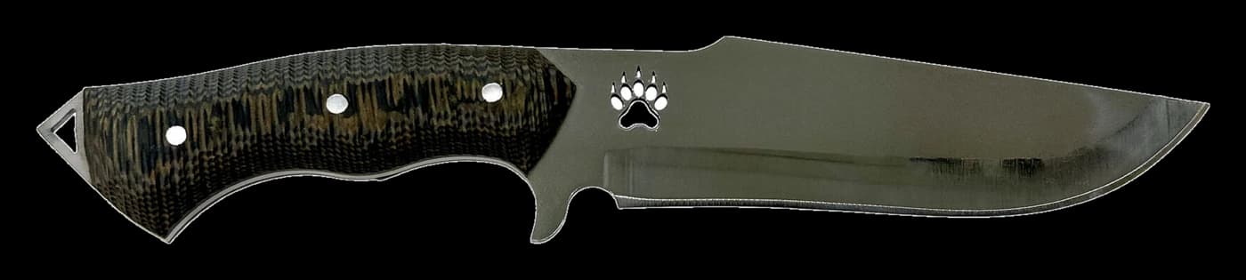 Fixed-blade hunting knife with a claw print cut through the blade