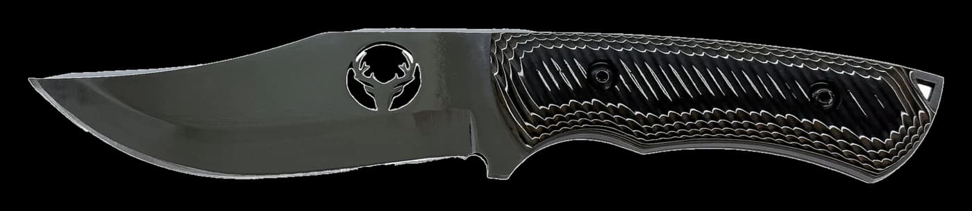 Fixed-blade hunting knife with a deer's head cut through the blade