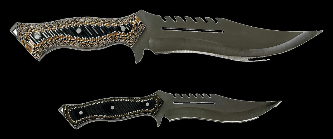 Two-piece fixed-blade hunting knife set with layered composite scales