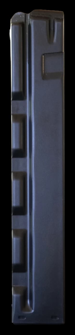 Straight pressed steel MP5 magazine, 9×19mm, seen from the side