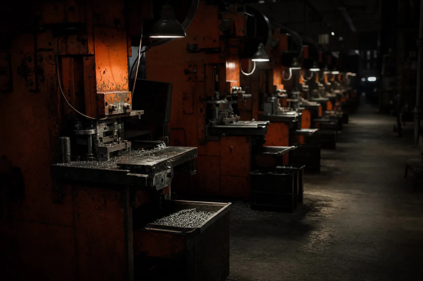 A production line in a workshop, machines in a row under high windows